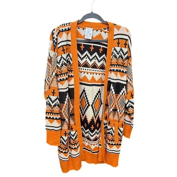 Serra Women Aztec Open Front Cardigan Sweater L Orange & Black Pockets Southwest - Picture 1 of 5